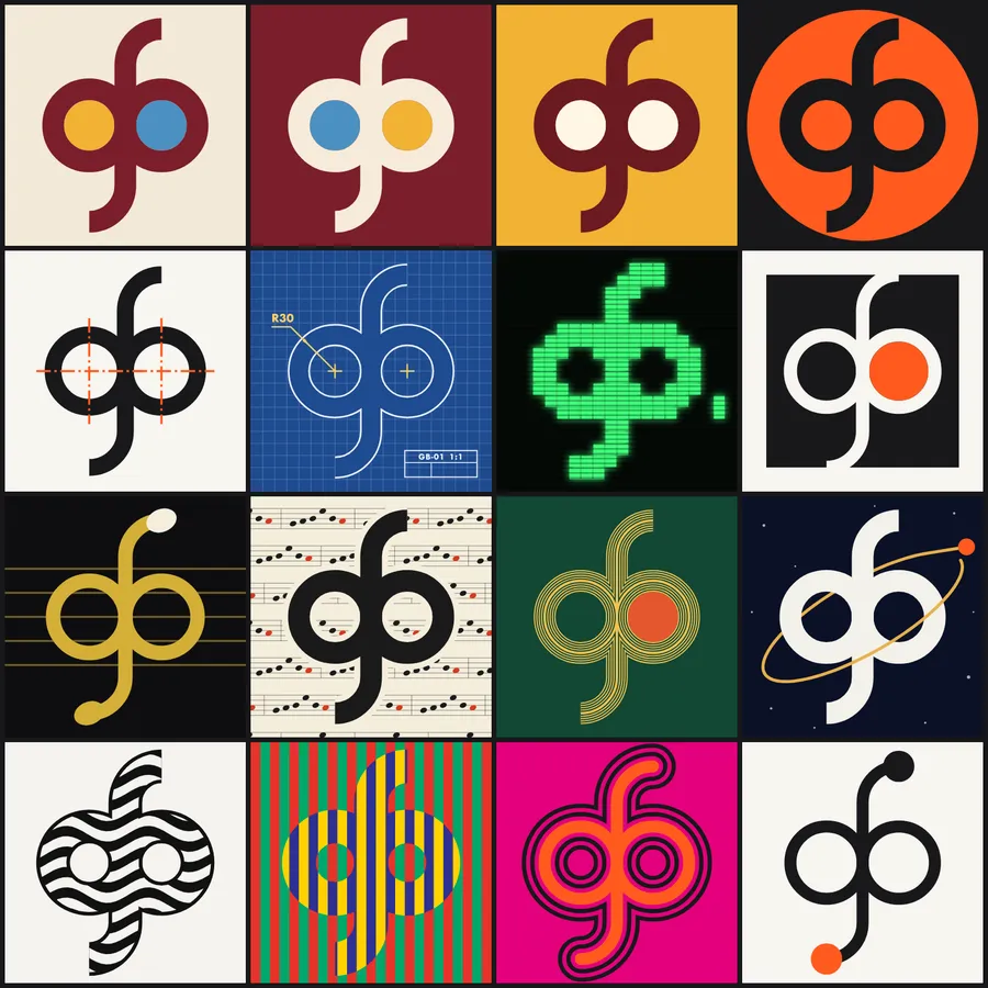 Mosaico de dezesseis quadrados, cada um com o mesmo gb em outra pele: bordô, açafrão, moeda laranja, planta azul, pixels verdes, pauta musical, listras.